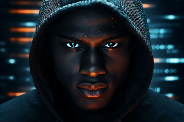 Generative AI portrait hacker in dark room secret organization community specialists