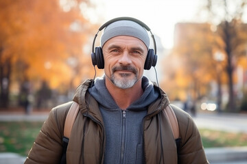 Happy handsome man in headphones walking in the park and listening to music generative ai