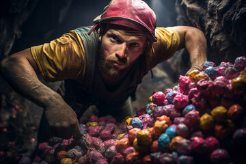 Generative AI surreal picture of male worker in mine cave find bright gemstones and minerals