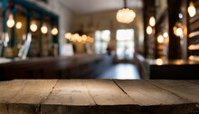 Blurred Background Of Bar And Dark Brown Desk Space Of Retro Wood