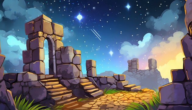 stone ruins space stars game background illustration