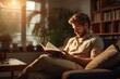 © เลิศลักษณ์ ทิพชัย - A young man relaxing at home sits on the sofa reading a book