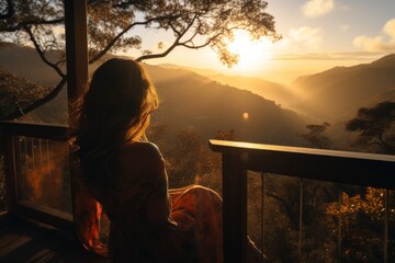 Wall Mural - Picture from behind of a woman sitting on a wooden balcony The sun was setting on the mountains and had a beautiful warm orange glow