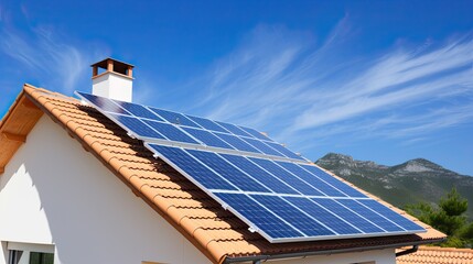 Wall Mural - Solar panels on the roof of a house. Photovoltaic panels on the roof. Green energy and energy saving.