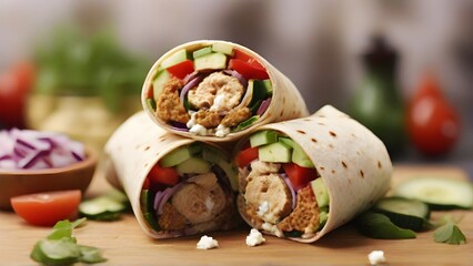 Wall Mural - Mediterranean Wrap, Whole-grain wrap filled with hummus, falafel or grilled chicken, cucumber, tomato, red onion, and a sprinkle of feta cheese, background image, generative AI