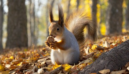 Wall Mural - a squirrel holding a nut animals in the autumn forest wildlife background