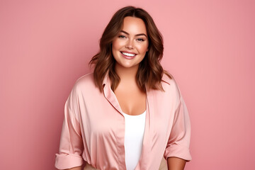 Wall Mural - portrait of happy and smiling young plus size woman isolated on light pink background