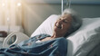 Smiling old woman in hospital bed, health insurance. Good care from the hospital.