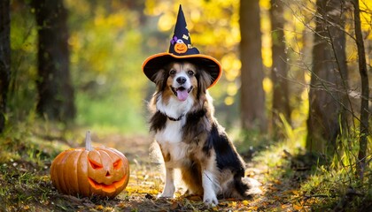 Wall Mural - dog in halloween costume in the woods