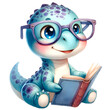 Watercolor illustration of a cute dinosaur character wearing glasses and reading a book.