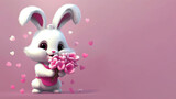 Fototapeta Lawenda - A cute white fluffy rabbit with long ears holds a bouquet of pink flowers