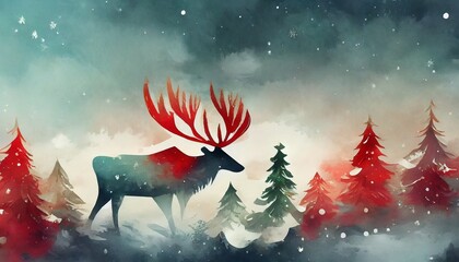 Christmass concept painting with green, white and red colorsi reindeer and caribbou, pine tree, snowy weather