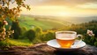 A steaming cup of tea on a dainty saucer, set against a blurred field of wildflowers and rolling hills