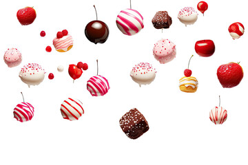 Various types of colorful Dessert falling with flakes or crumbs in the air isolated on transparent background, dessert sweet concept, chip balls, cookies and cupcake.