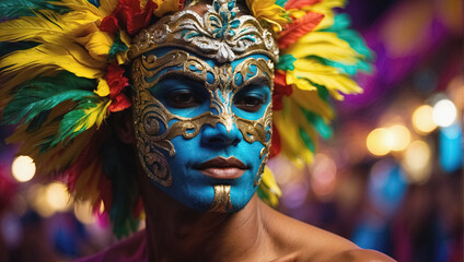 Canvas Print - portrait of man with brazilian carnival mask. Generative Ai