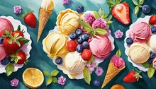 Delicious Summer Indulgence Tempting Flatlay Of Fruit Infused Dessert With Mouthwatering Ice Cream Delights Generative Ai Digital Illustration