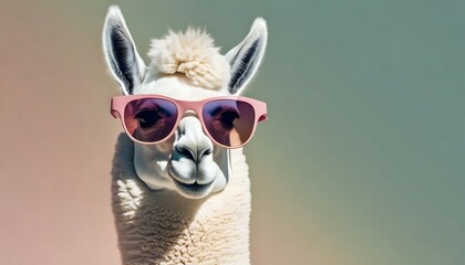 Wall Mural - creative animal concept llama in sunglass shade glasses on solid pastel background commercial editorial advertisement surreal surrealism
