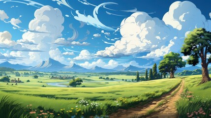 Wall Mural - Image Green Grass Field Bright Blue, Background Banner HD, Illustrations , Cartoon style