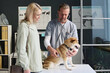 Middle-aged veterinarian checking heart of shiba inu with pet owner standing nearby talking to him
