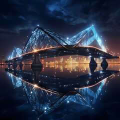 Canvas Print - Modern bridge illuminated by city lights reflected in the water below.