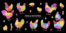Set Of Hand Drawn Cute Cartoon Watercolor Hens And Roosters Isolated On Black Background. Colorful Silhouette Chicken Collection. Farm Bird. Vector Illustration