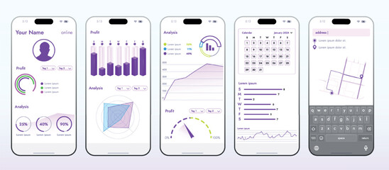 This image shows the concept of a mobile app for online services such as banking and shopping. Modern smartphone layout, easy to interact with various functions.