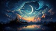 Night Sky Moon Starsramadan Kareem Celebration, Background Banner HD, Illustrations , Cartoon style