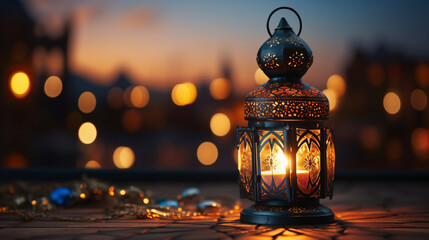 An elegant Arabic lantern illuminated by a flickering flame at night. A festive greeting card and invitation for the Muslim holy month of Ramadan Kareem.