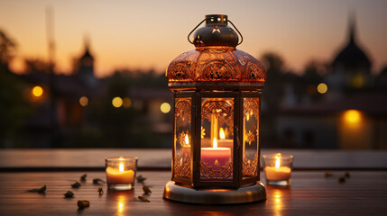 An elegant Arabic lantern illuminated by a flickering flame at night. A festive greeting card and invitation for the Muslim holy month of Ramadan Kareem.