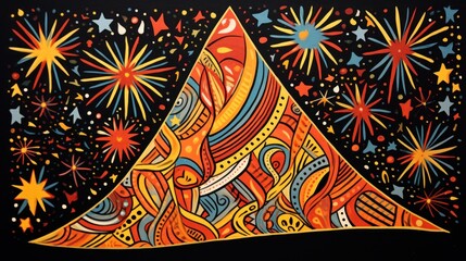 Canvas Print - A colorful abstract painting of a pyramid with fireworks, AI