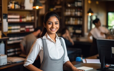 Wall Mural - Young and confident saleswoman or cashier in the shop