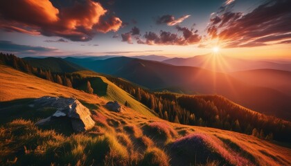 Poster - A beautiful sunset over a grassy hill