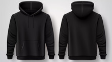 Set Of Black Front And Back View Tee Hoodie Hoody Sweatshirt On Transparent Background Cutout, PNG File. Mockup Template For Artwork Graphic Design