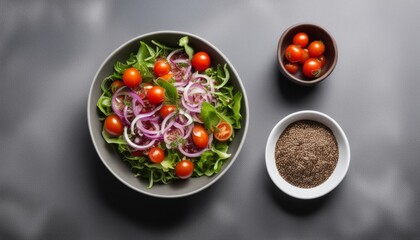 Poster - A bowl of salad with tomatoes and onions, and a bowl of seasoning