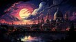 Sky Night Stars Moon Islamic Sunset, Background Banner HD, Illustrations , Cartoon style