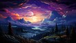 Starry Sky Mountains Milky Way End, Background Banner HD, Illustrations , Cartoon style