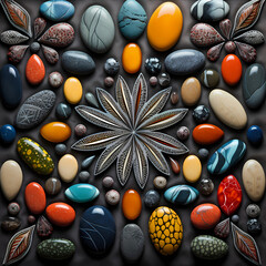 Canvas Print - Symmetrical arrangement of colorful stones forming an intricate pattern.