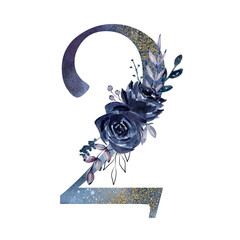 Blue number 2 decorated watercolor floral