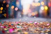 Colorful Confetti On Carnival Fallen On Street