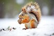squirrel nibbling a pine cone in snow