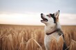 husky mix howling in the open farmland