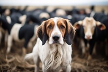 Black And White Dog Amidst A Herd Of Brown Goats