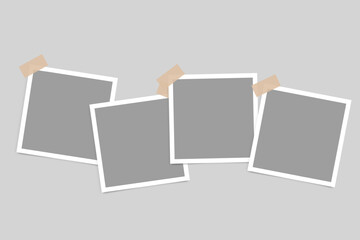 Photo frame collection. Blank photo frame design with adhesive tape. Photography album frame mockup template. Vector illustration