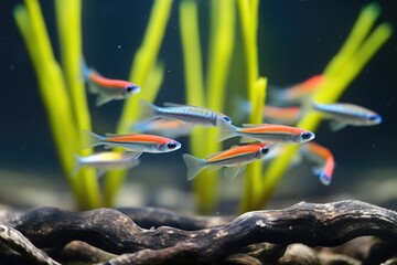 Wall Mural - neon tetras in still water with dark smooth stones