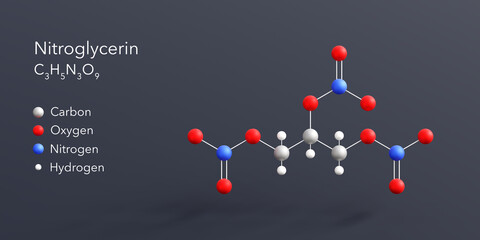 Wall Mural - nitroglycerin molecule 3d rendering, flat molecular structure with chemical formula and atoms color coding