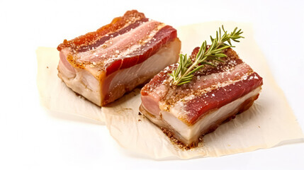 Wall Mural - Savory fusion, Lard with a layer of meat, adorned with spices and herbs on parchment
