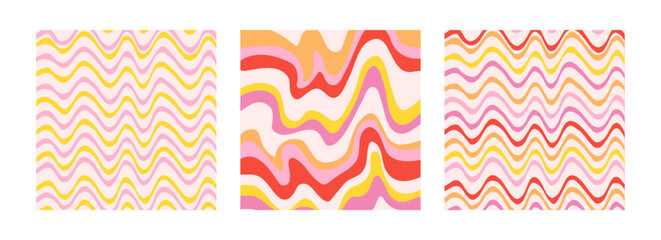Wall Mural - Abstract set square backgrounds with colorful wave lines. Retro groovy patterns. Trendy vector illustration in style retro 60s, 70s. Red, pink, yellow and orange colors. 