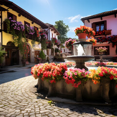 Sticker - Village square adorned with vibrant flowers and a central fountain