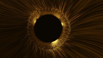 Wall Mural - luxury gold line wave flowing with light effect and black copy space circle in middle for text, logo