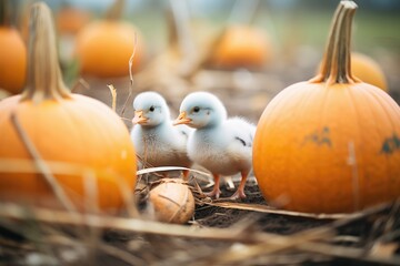 chicks exploring a pumpkin patch